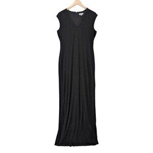 Calvin Klein Studded Maxi Dress Solid Black Cap Sleeve V Neck Sheath Sz 10